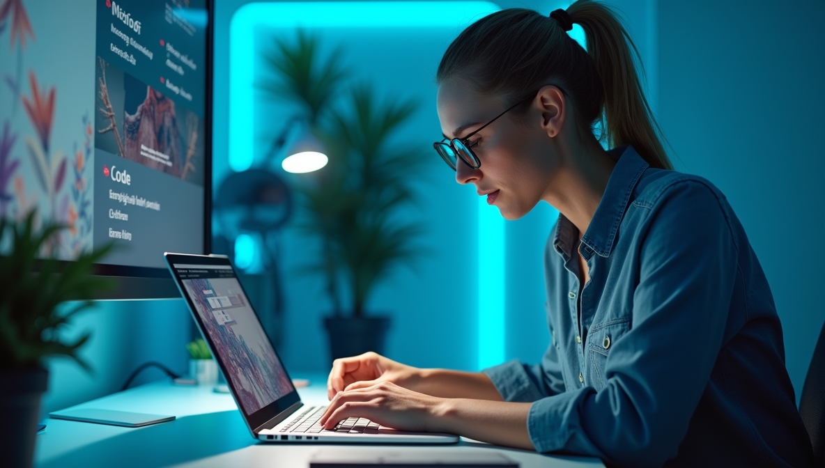 Žena radi na prijenosnom računalu u suvremenom digitalnom okruženju